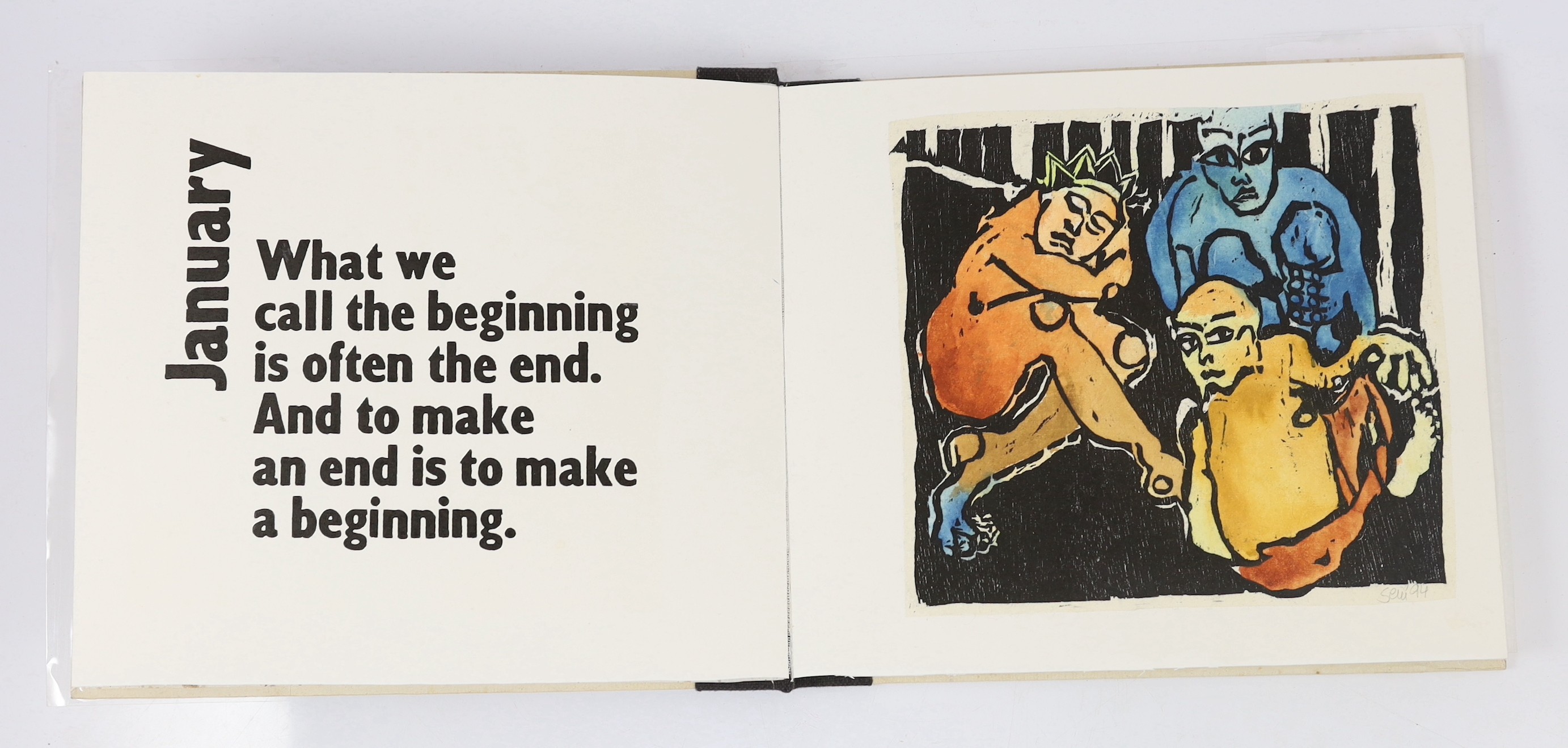 Semar, Kristiane - Touch Wood. Limited Edition (of 12 numbered copies, signed by the artist), title, limitation leaf and 12 hand coloured woodcut plates on thin card, each with text leaf opposite; publisher's cloth backe